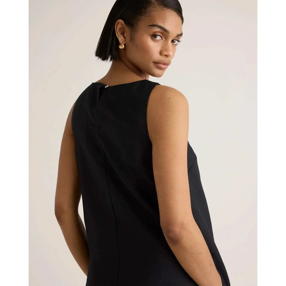 Quince European Linen Tank Mini Dress Black Sleeveless Shift Pockets Medium NWT